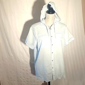 Kenneth Cole Reaction Button Down Linen Hooded Short Sleeves, Size: S/P/CH